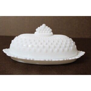 Vintage Anchor Hocking Colony White Hobnail Covered Butter Dish Milk Glass